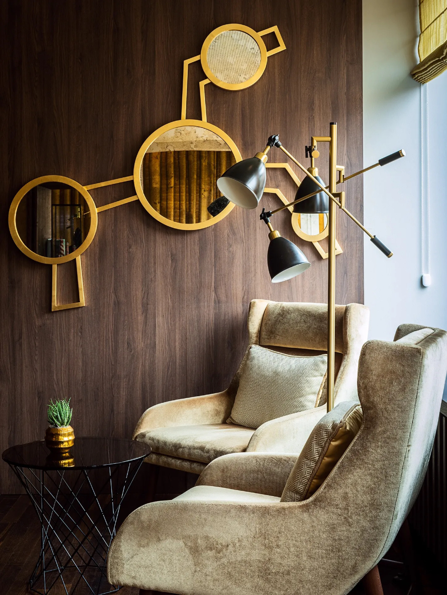 Interior Studio Isabella Hamann Contract Interior; HOTEL SPEICHERSTADT HAMBURG, lounge area, with golden arm chairs.