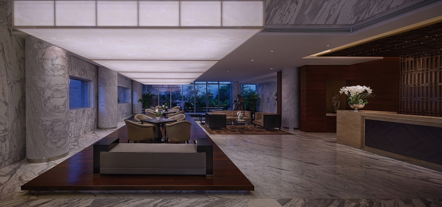 a lobby hotel with a open space, a modern space