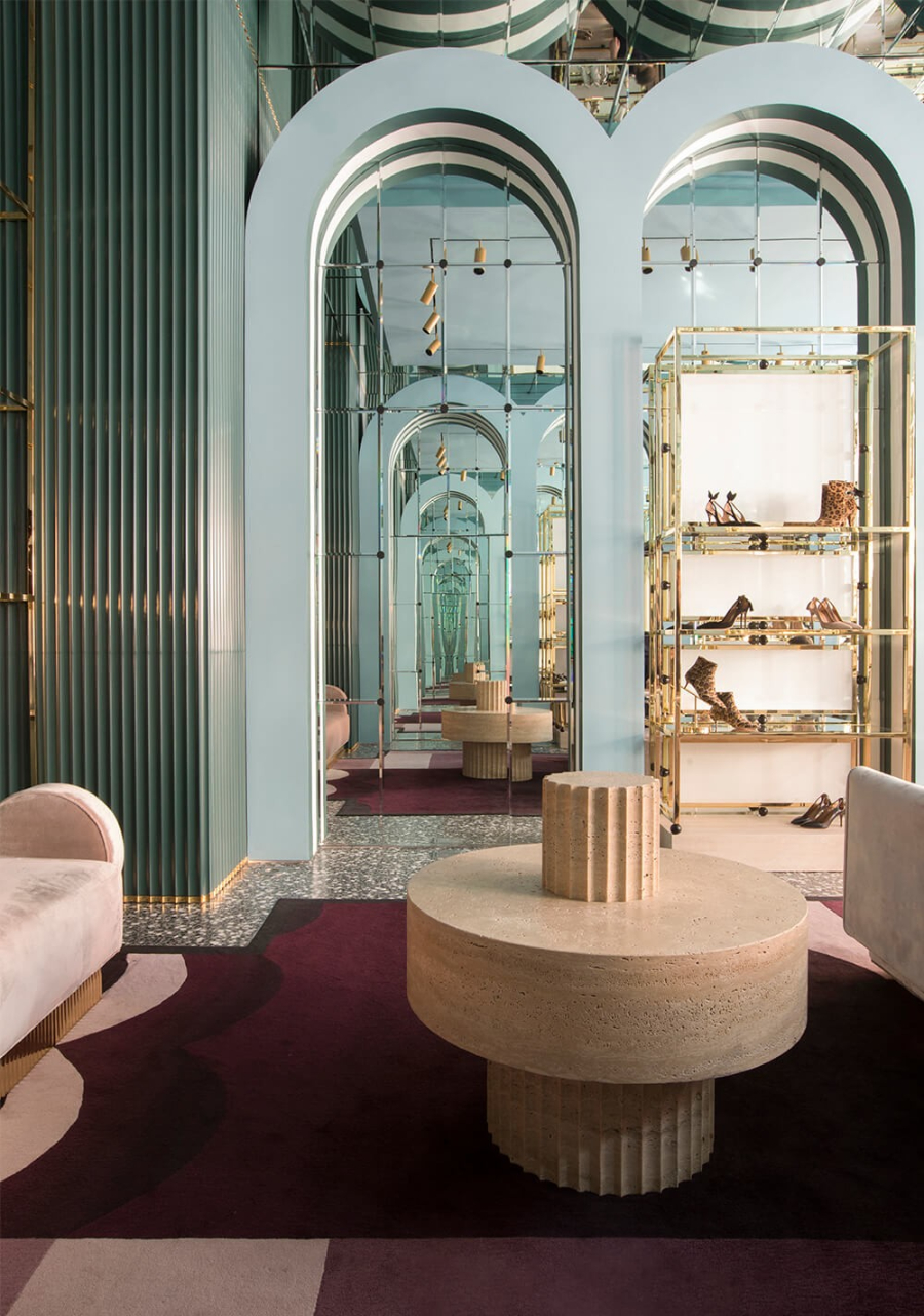 Humbert et Poyet Present Luxurious Retail Projects. Aquazzura project with pastel tones and upholstered pink sofa