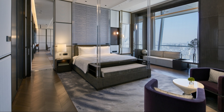 modern bedroom in the JW Marriott Marquis Shanghai hotel